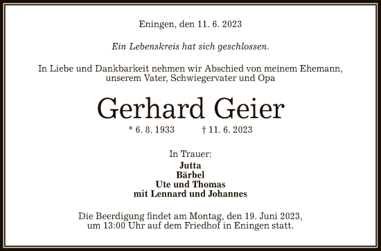 Anzeige von Gerhard Geier von Reutlinger General-Anzeiger