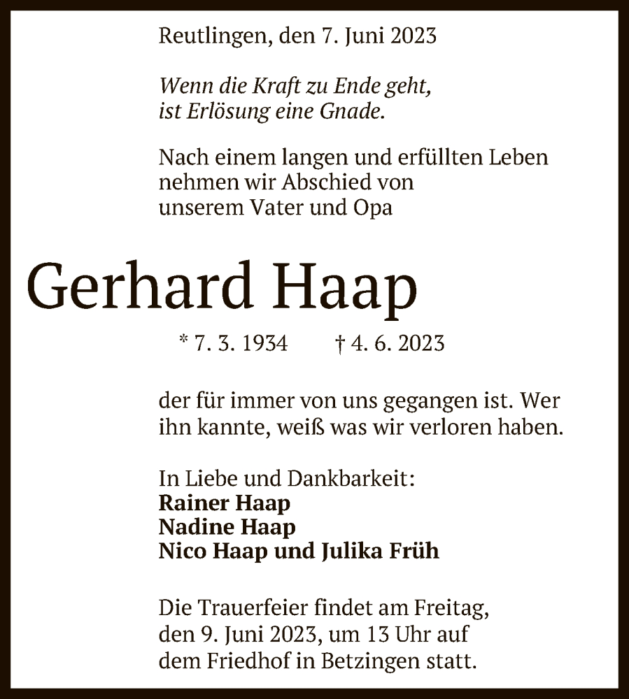  Traueranzeige für Gerhard Haap vom 07.06.2023 aus Reutlinger General-Anzeiger