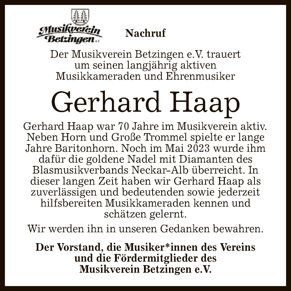  Traueranzeige für Gerhard Haap vom 10.06.2023 aus Reutlinger General-Anzeiger