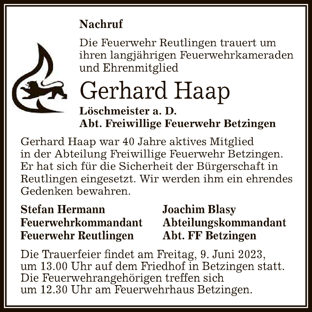  Traueranzeige für Gerhard Haap vom 07.06.2023 aus Reutlinger General-Anzeiger