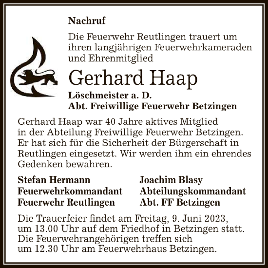 Anzeige von Gerhard Haap von Reutlinger General-Anzeiger
