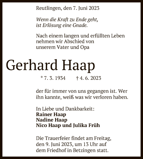 Anzeige von Gerhard Haap von Reutlinger General-Anzeiger