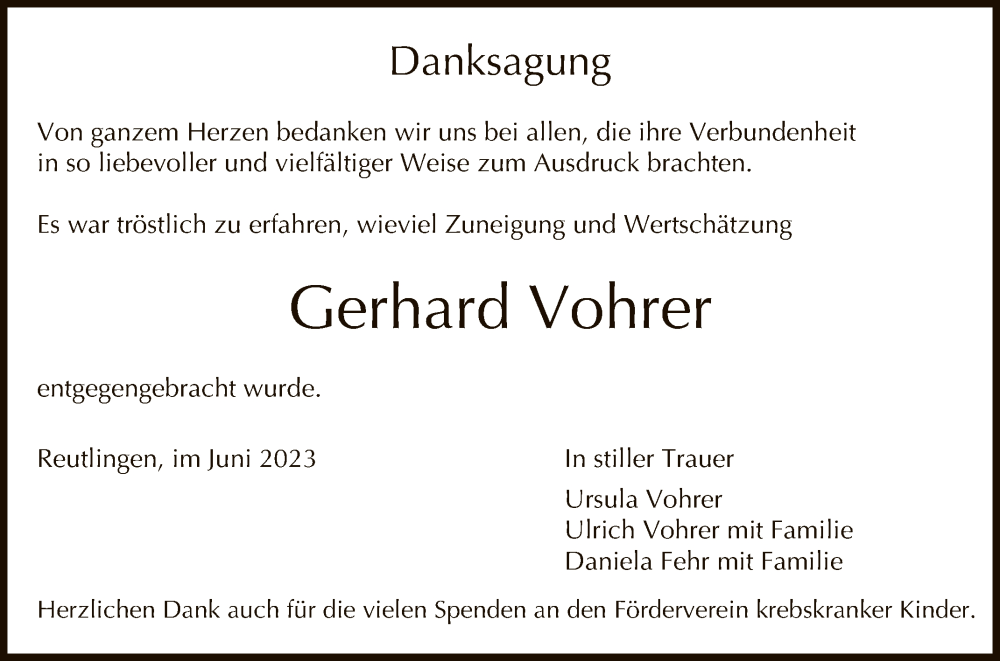  Traueranzeige für Gerhard Vohrer vom 28.06.2023 aus Reutlinger General-Anzeiger