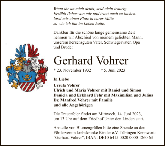 Anzeige von Gerhard Vohrer von Reutlinger General-Anzeiger