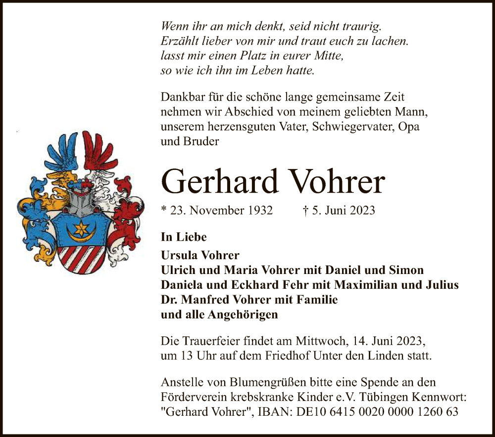  Traueranzeige für Gerhard Vohrer vom 10.06.2023 aus Reutlinger General-Anzeiger