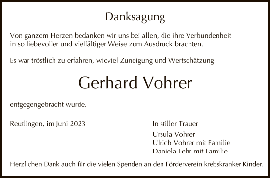 Anzeige von Gerhard Vohrer von Reutlinger General-Anzeiger