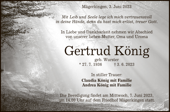 Anzeige von Gertrud König von Reutlinger General-Anzeiger