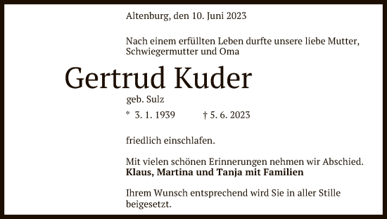 Anzeige von Gertrud Kuder von Reutlinger General-Anzeiger