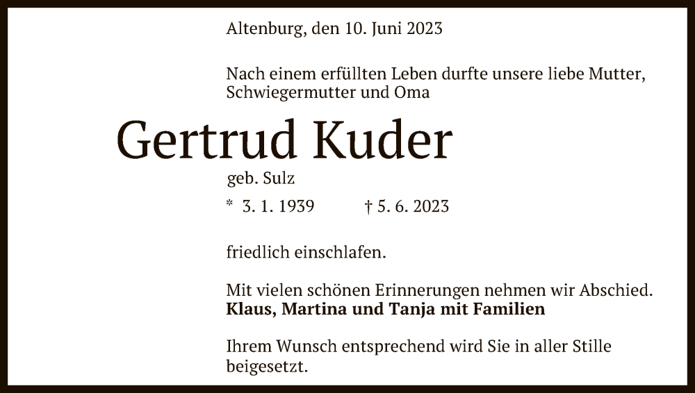  Traueranzeige für Gertrud Kuder vom 10.06.2023 aus Reutlinger General-Anzeiger
