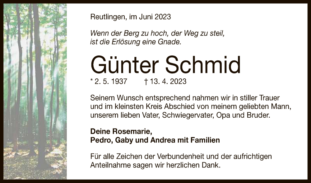  Traueranzeige für Günter Schmid vom 03.06.2023 aus Reutlinger General-Anzeiger
