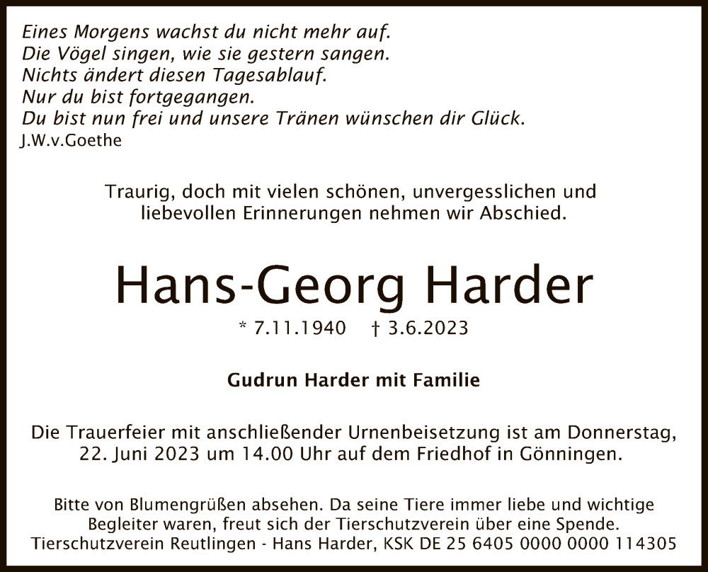  Traueranzeige für Hans-Georg Harder vom 09.06.2023 aus Reutlinger General-Anzeiger
