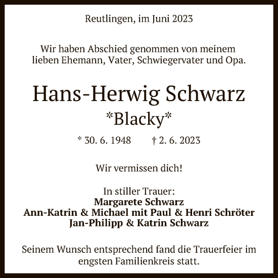 Anzeige von Hans-Herwig Schwarz von Reutlinger General-Anzeiger