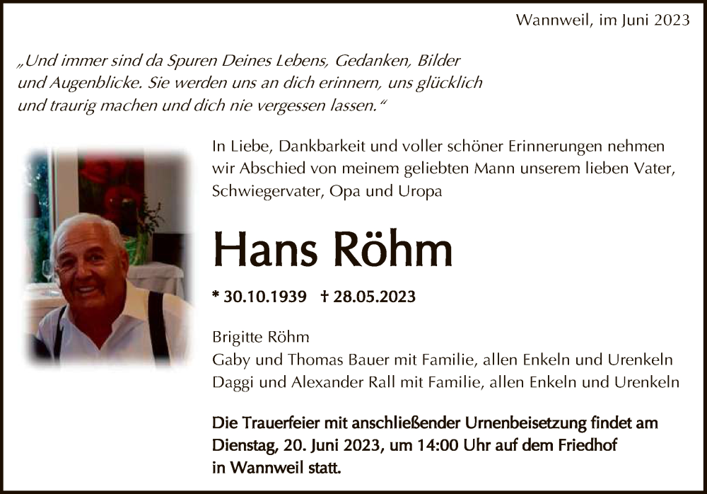  Traueranzeige für Hans Röhm vom 10.06.2023 aus Reutlinger General-Anzeiger