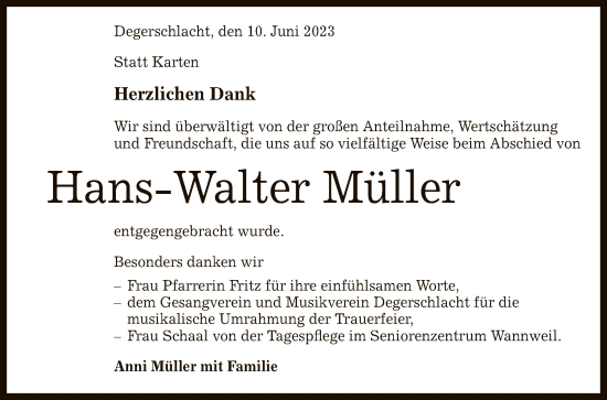 Anzeige von Hans-Walter Müller von Reutlinger General-Anzeiger