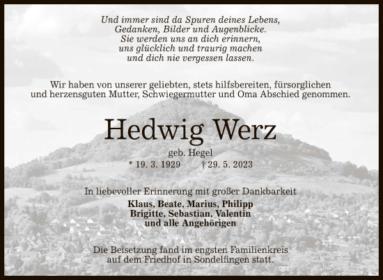 Anzeige von Hedwig Werz von Reutlinger General-Anzeiger