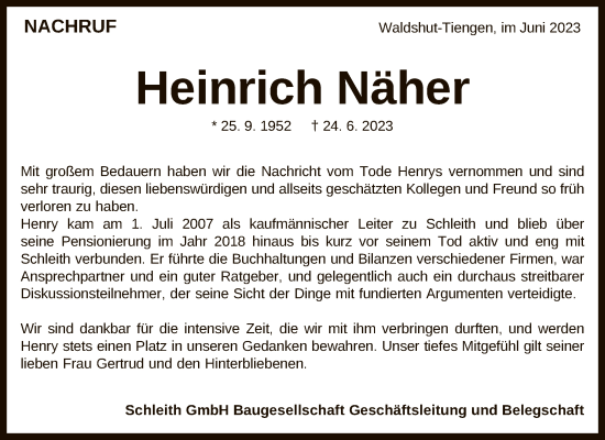 Anzeige von Heinrich Näher von Reutlinger General-Anzeiger