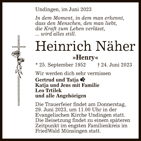 Anzeige von Heinrich Näher von Reutlinger General-Anzeiger