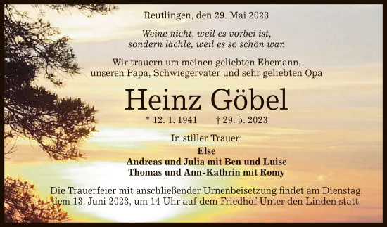 Anzeige von Heinz Göbel von Reutlinger General-Anzeiger
