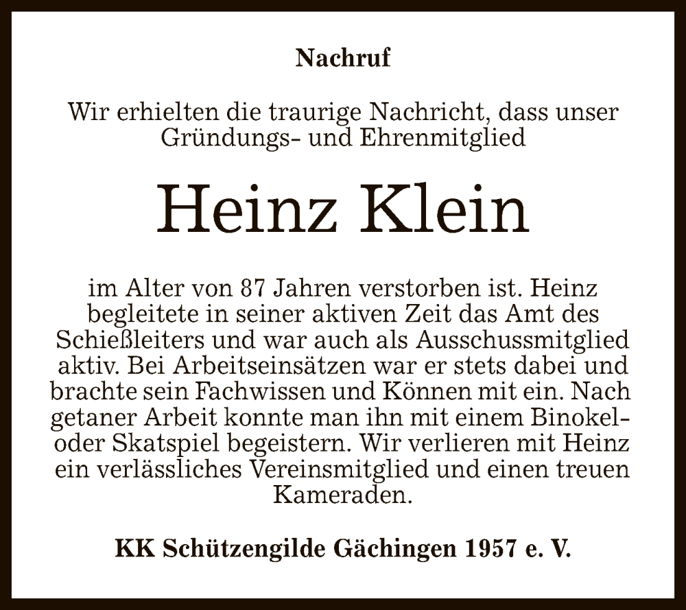  Traueranzeige für Heinz Klein vom 17.06.2023 aus Reutlinger General-Anzeiger