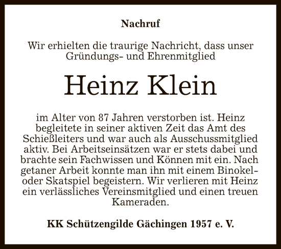 Anzeige von Heinz Klein von Reutlinger General-Anzeiger