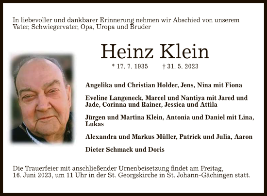 Anzeige von Heinz Klein von Reutlinger General-Anzeiger