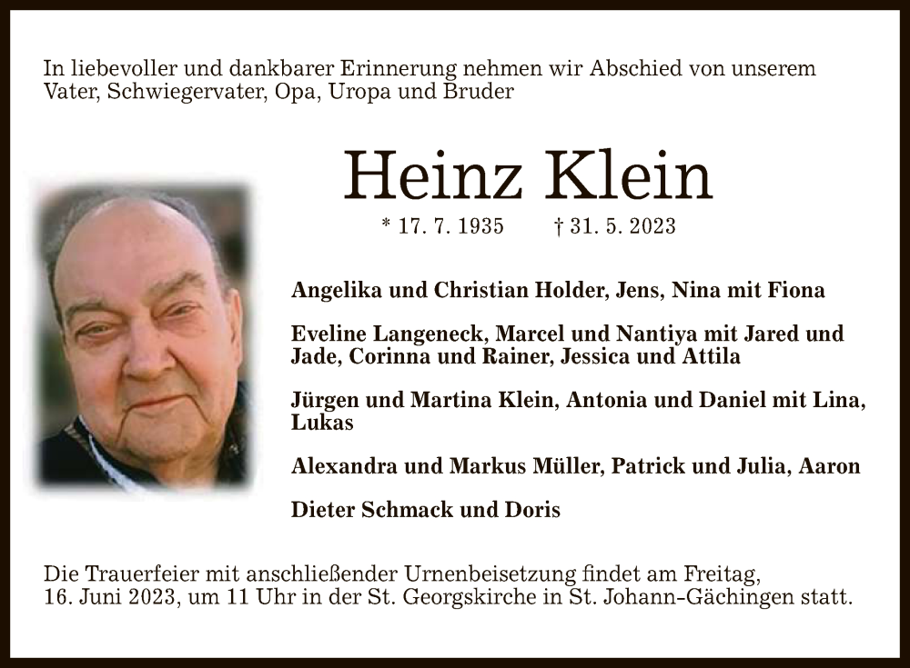  Traueranzeige für Heinz Klein vom 10.06.2023 aus Reutlinger General-Anzeiger