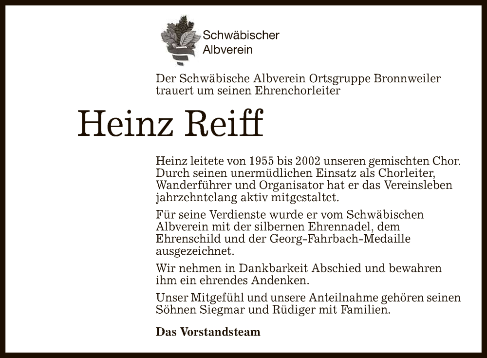  Traueranzeige für Heinz Reiff vom 02.06.2023 aus Reutlinger General-Anzeiger