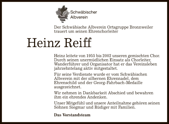 Anzeige von Heinz Reiff von Reutlinger General-Anzeiger