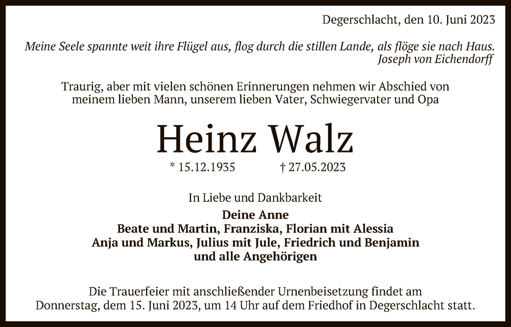  Traueranzeige für Heinz Walz vom 10.06.2023 aus Reutlinger General-Anzeiger