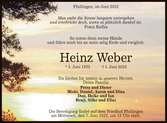 Anzeige von Heinz Weber von Reutlinger General-Anzeiger