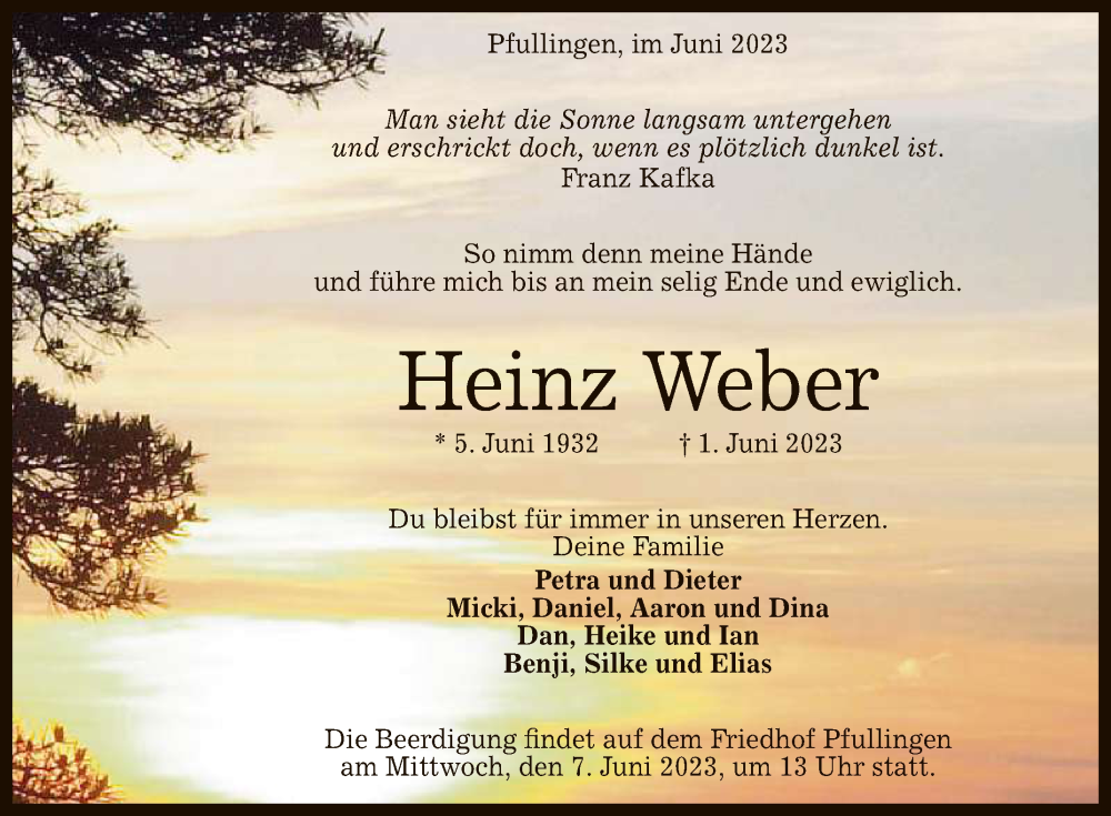  Traueranzeige für Heinz Weber vom 06.06.2023 aus Reutlinger General-Anzeiger