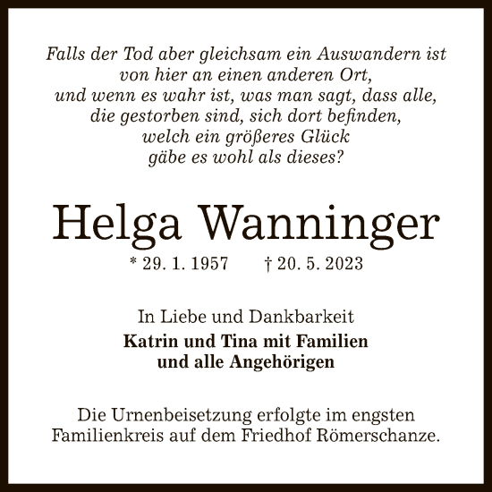 Anzeige von Helga Wanninger von Reutlinger General-Anzeiger