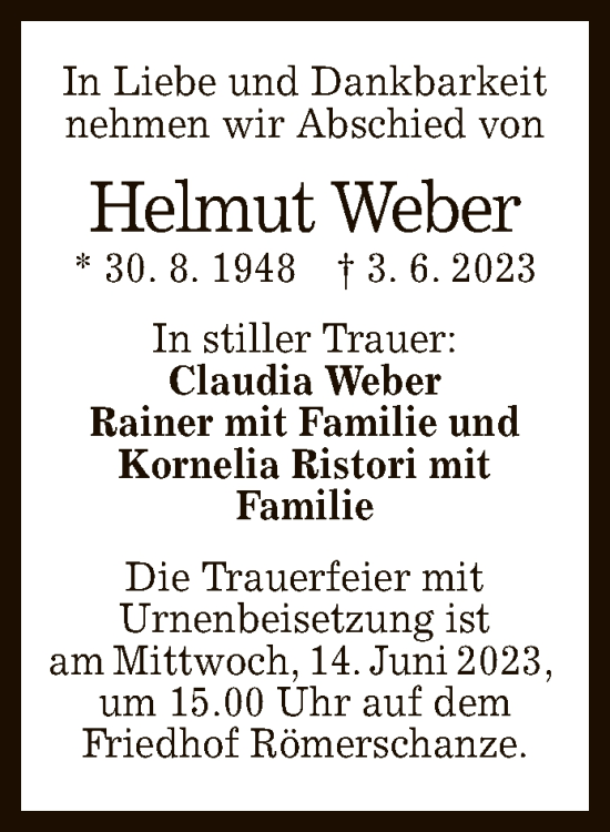 Anzeige von Helmut Weber von Reutlinger General-Anzeiger