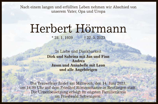 Anzeige von Herbert Hörmann von Reutlinger General-Anzeiger