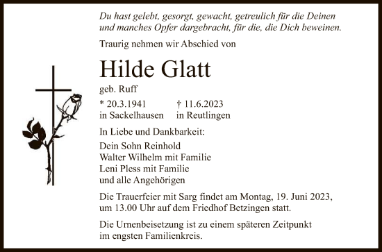 Anzeige von Hilde Glatt von Reutlinger General-Anzeiger