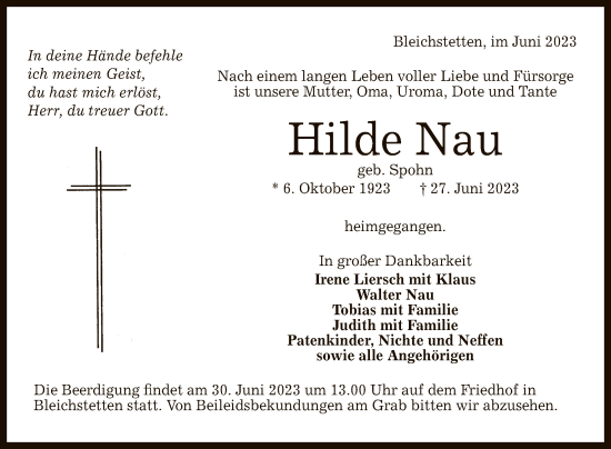 Anzeige von Hilde Nau von Reutlinger General-Anzeiger