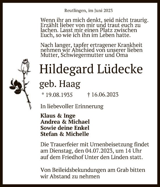 Anzeige von Hildegard Lüdecke von Reutlinger General-Anzeiger