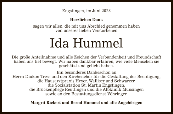 Anzeige von Ida Hummel von Reutlinger General-Anzeiger