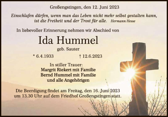 Anzeige von Ida Hummel von Reutlinger General-Anzeiger