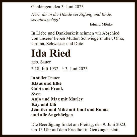 Anzeige von Ida Ried von Reutlinger General-Anzeiger