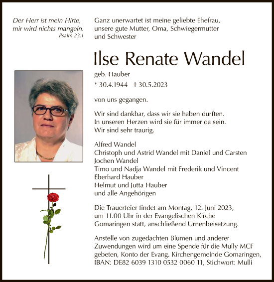 Anzeige von Ilse Renate Wandel von Reutlinger General-Anzeiger