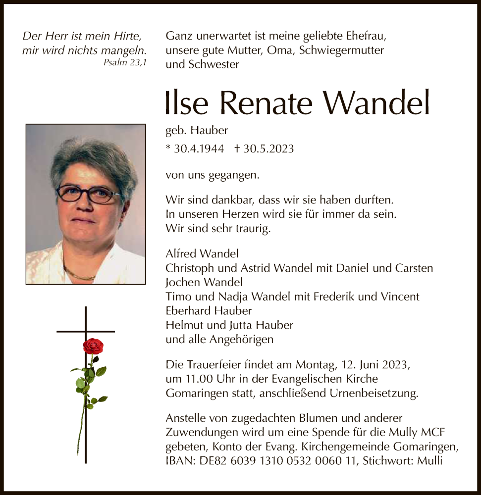 Traueranzeige für Ilse Renate Wandel vom 03.06.2023 aus Reutlinger General-Anzeiger