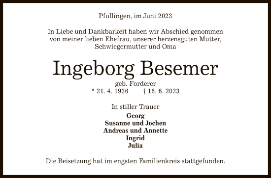 Anzeige von Ingeborg Besemer von Reutlinger General-Anzeiger
