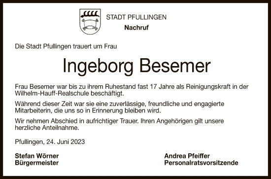 Anzeige von Ingeborg Besemer von Reutlinger General-Anzeiger