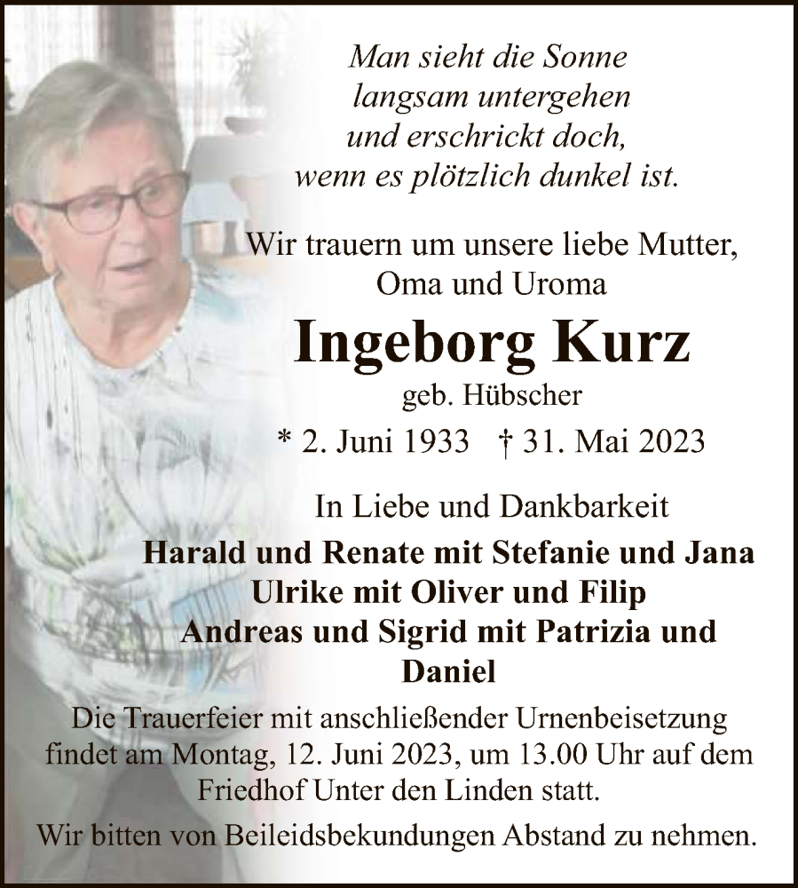  Traueranzeige für Ingeborg Kurz vom 10.06.2023 aus Reutlinger General-Anzeiger