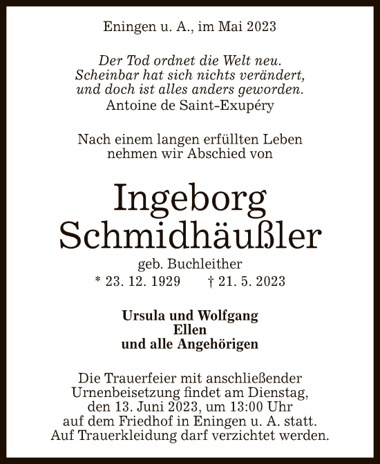 Anzeige von Ingeborg Schmidhäußler von Reutlinger General-Anzeiger