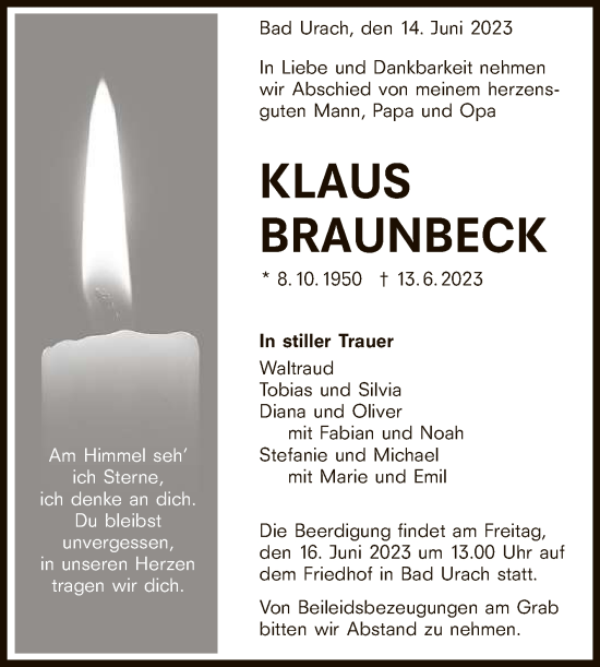 Anzeige von Klaus Braunbeck von Reutlinger General-Anzeiger