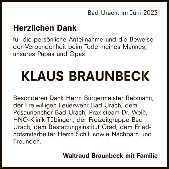 Anzeige von Klaus Braunbeck von Reutlinger General-Anzeiger