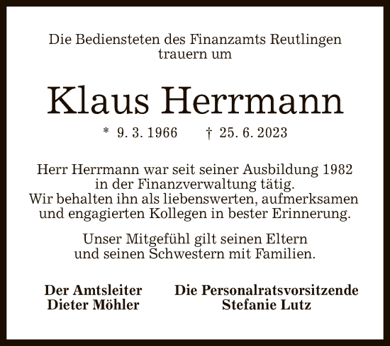 Anzeige von Klaus Herrmann von Reutlinger General-Anzeiger
