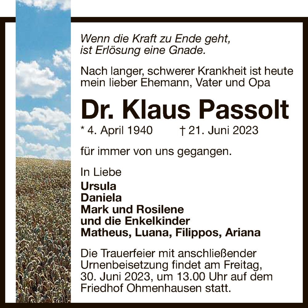  Traueranzeige für Klaus Passolt vom 24.06.2023 aus Reutlinger General-Anzeiger